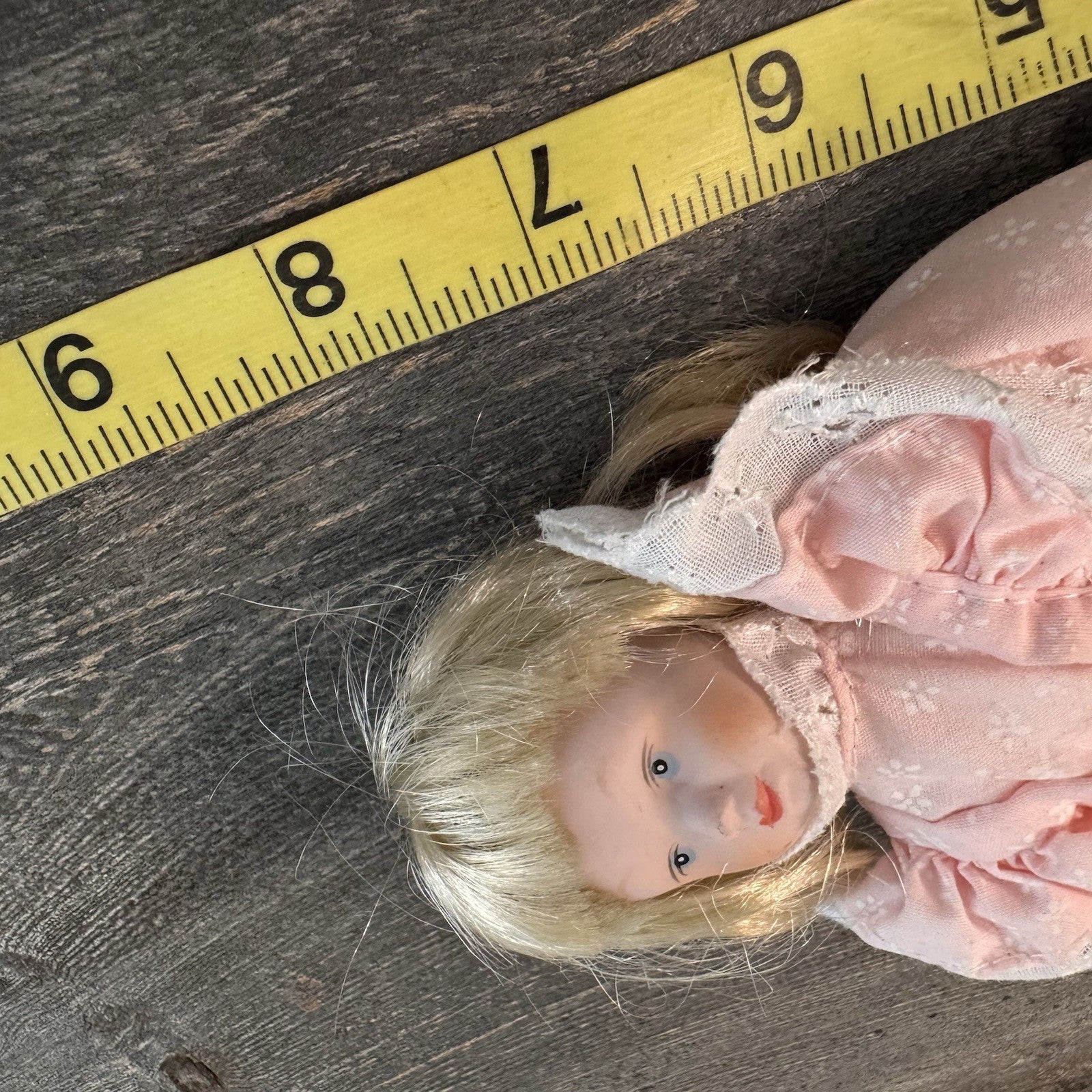 Vintage Porcelain Doll Blonde Blue Eyes Pink Floral Dress Lace Trim 8" Taiwan