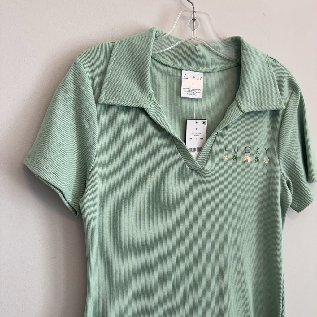 Zoe + Liv Lucky Green Polo Dress L St Patrick’s Day Ribbed  Dress NWT Women’s