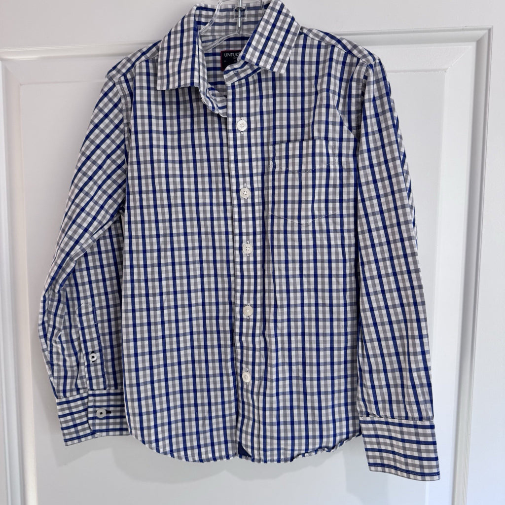 Untuckit Boys Button-Down Shirt Blue Gray Gingham Plaid Cotton Size 6–7
