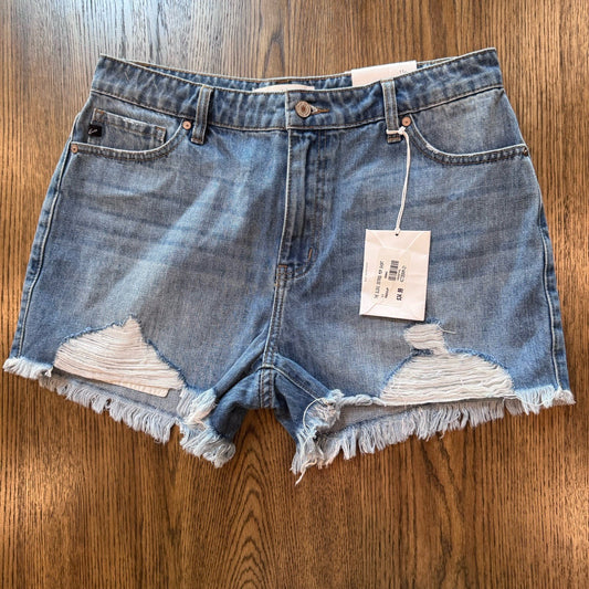 KanCan High Rise Distressed Denim Mom Shorts Size 11/29 Medium Wash Frayed Hem