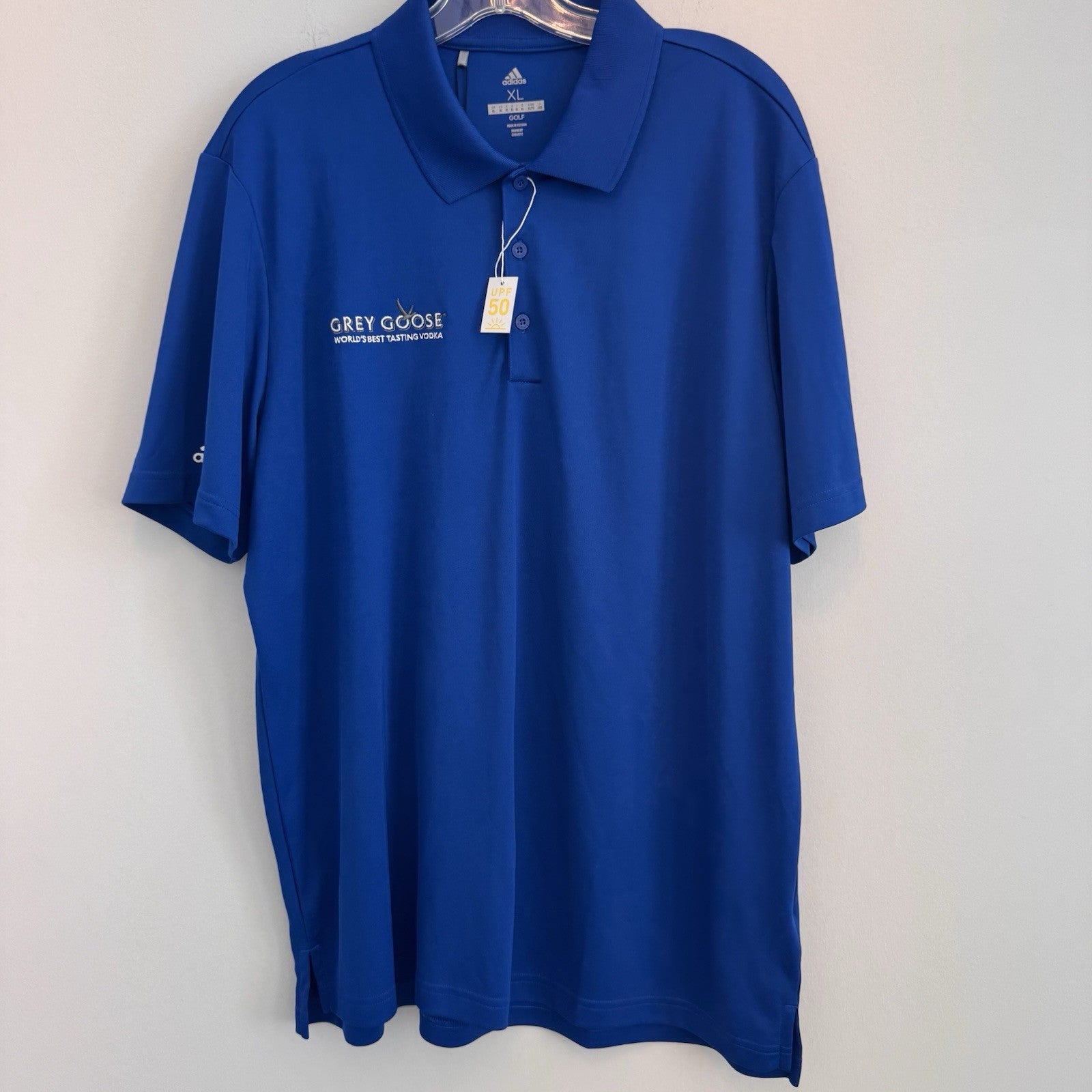 Adidas Golf Men’s XL Blue Grey Goose Vodka UPF 50+ Short Sleeve Polo Shirt