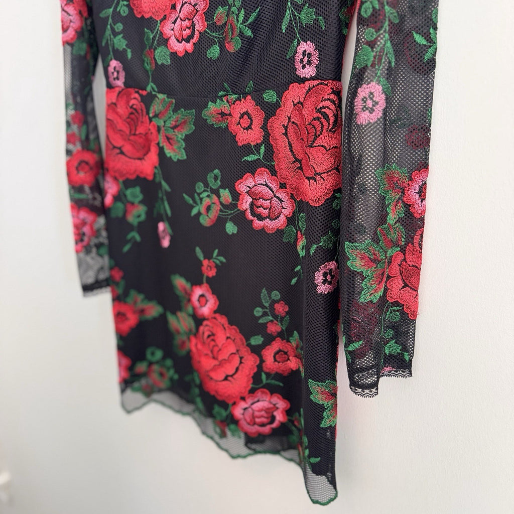 Nasty Gal Collection Women's S Black Mesh Red Rose Floral Embroidered Mini Dress