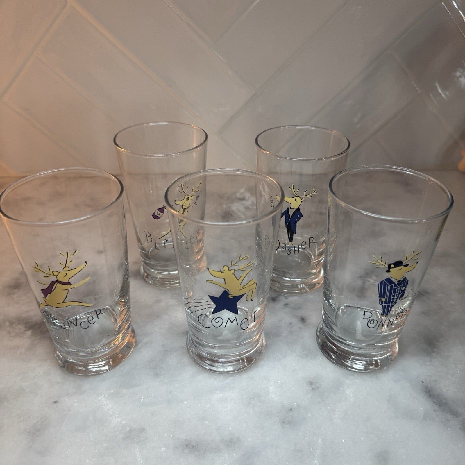Pottery Barn Reindeer Glasses Set of 5 Footed 5.5" Tumblers Christmas vintage