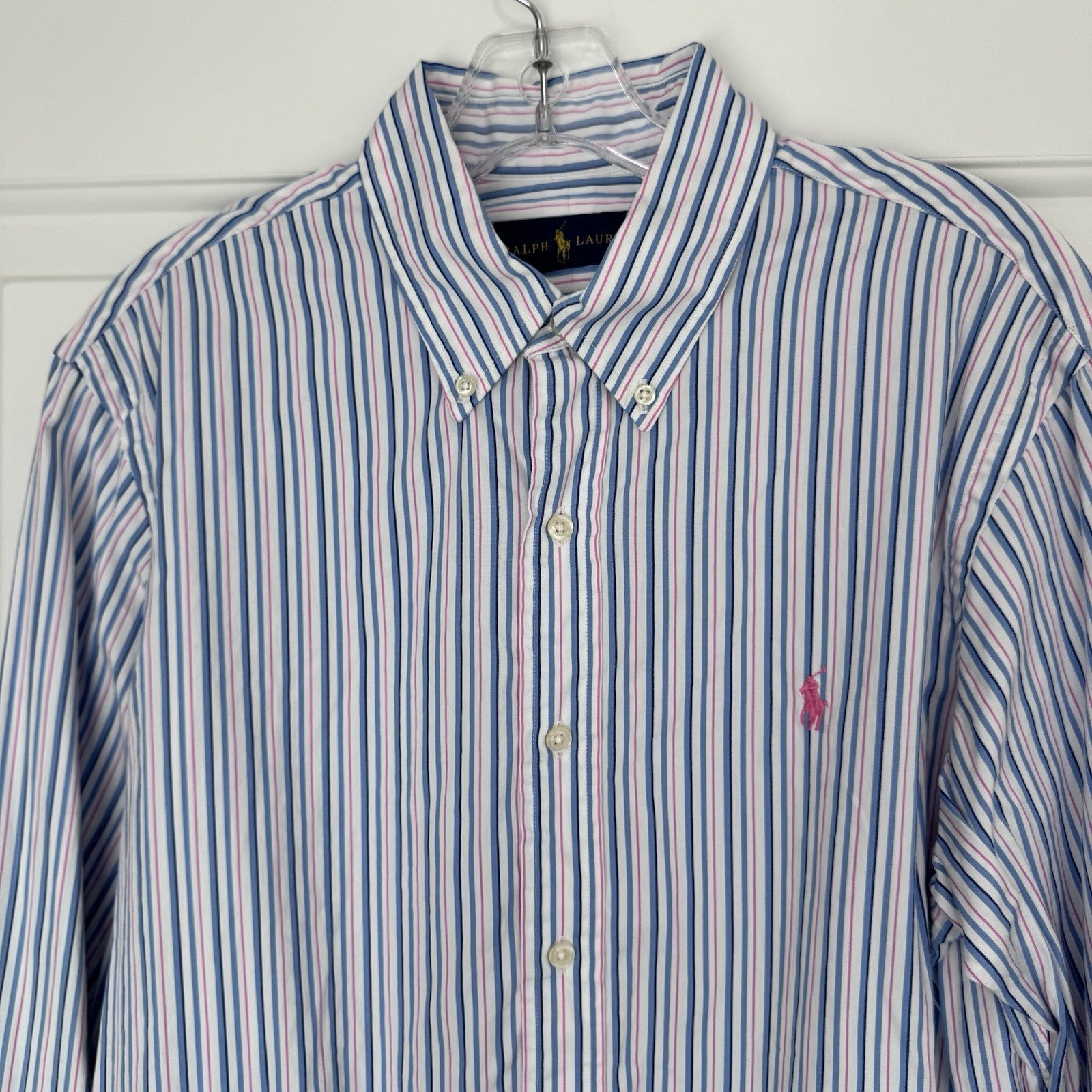 Ralph Lauren Men’s Blue Pink Striped Button Down Shirt Size M Cotton Pony Logo