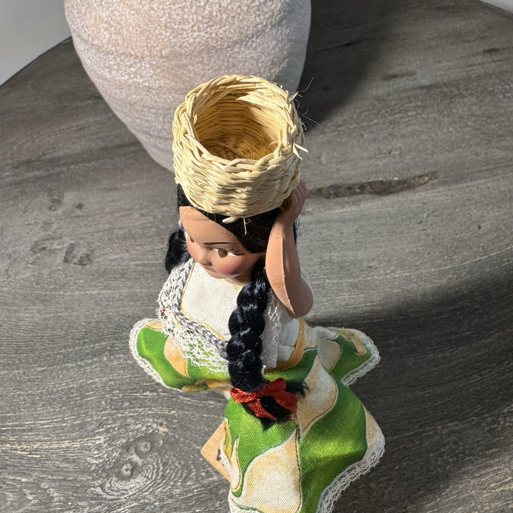 Vintage Venezuela Folk Art Doll Hand Painted 9" Souvenir Basket Wooden Base