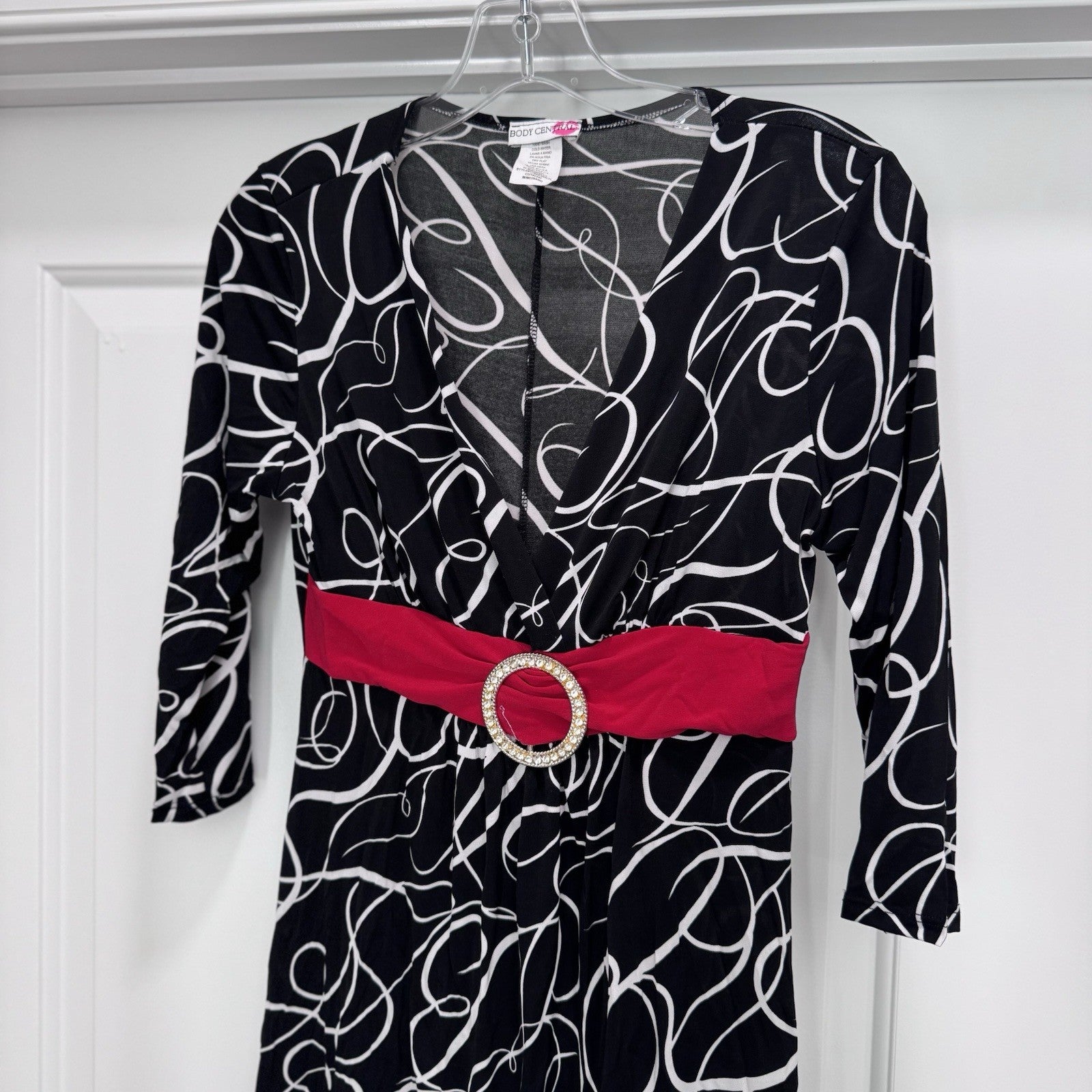 Body Central Y2K Black White Print Dress M Pink Belt Rhinestone Buckle USA Made