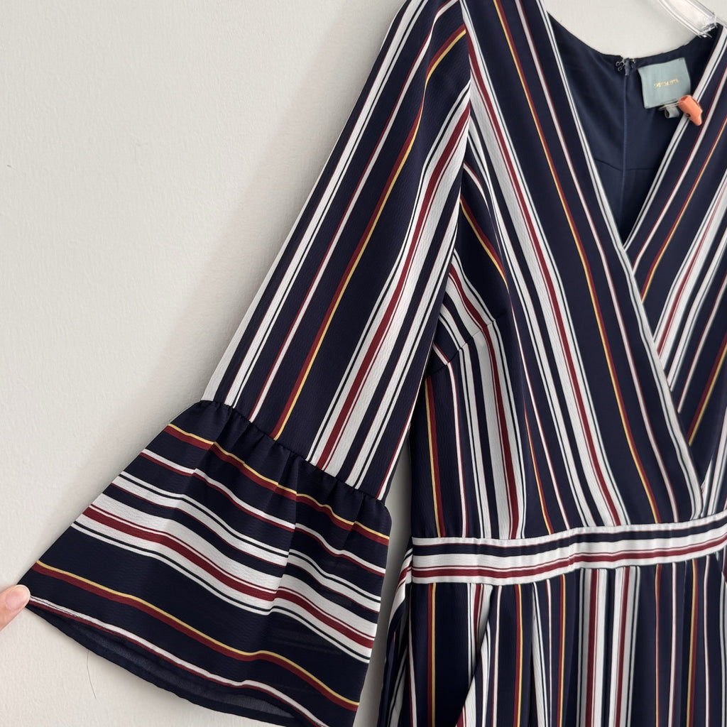 Skies Are Blue Striped Wide Leg Jumpsuit Women's Size S Bell Sleeve Nautical