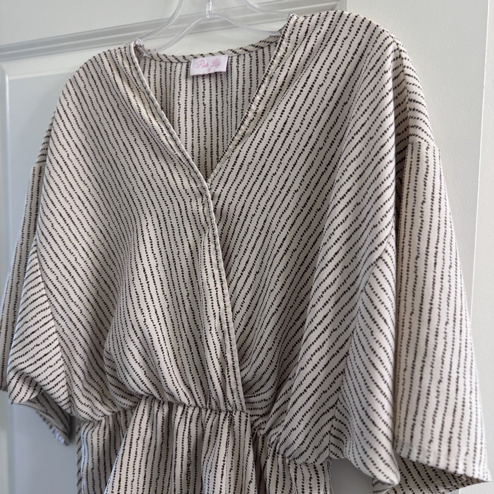 Pink Lily Womens Romper Small Kimono Sleeve Beige Black Stripe Wrap