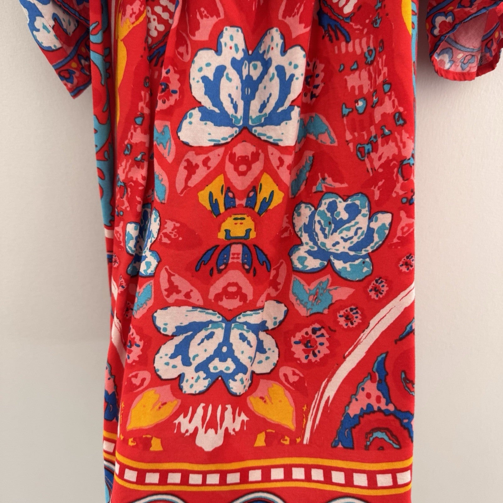 Flying Tomato Red Boho Floral Dress Women's XS Off the Shoulder Ruffle Rayon