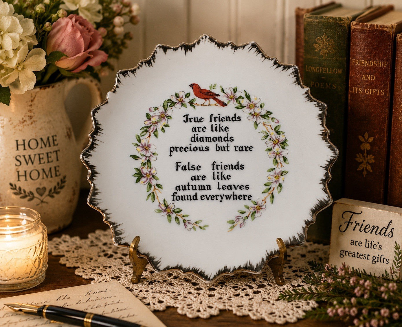 Vintage Friendship Quote Decorative Wall Plate Cardinal Flowers 7” Plaque