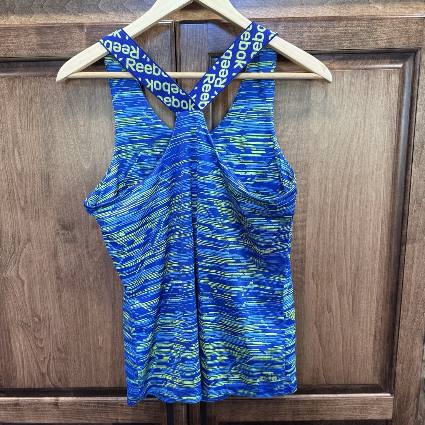 Reebok Women’s Workout Ready Racerback Tank Top M Blue Green Camo Print Athletic