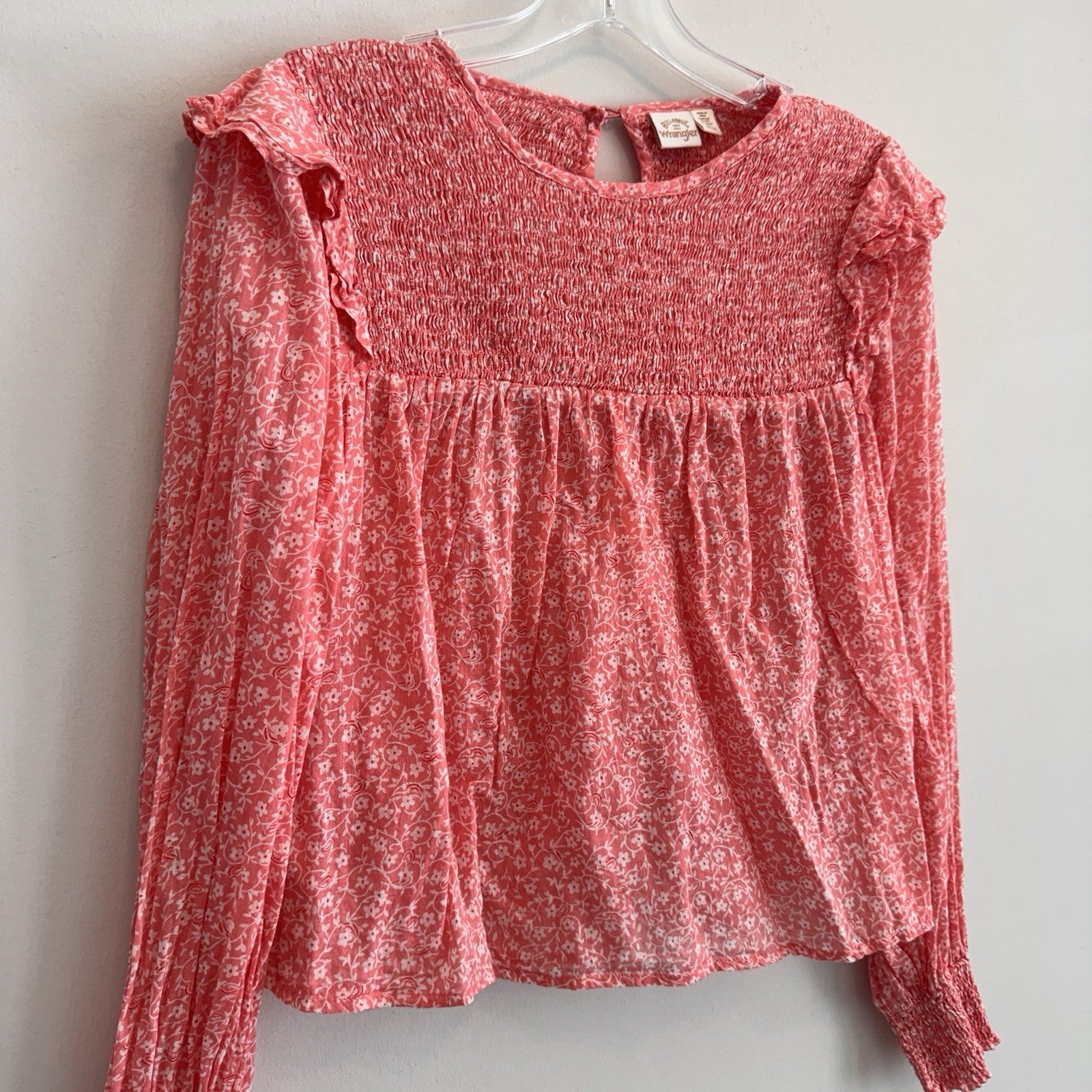 Wrangler Billabong Coral Floral Smocked Blouse S Boho Western Top Women’s