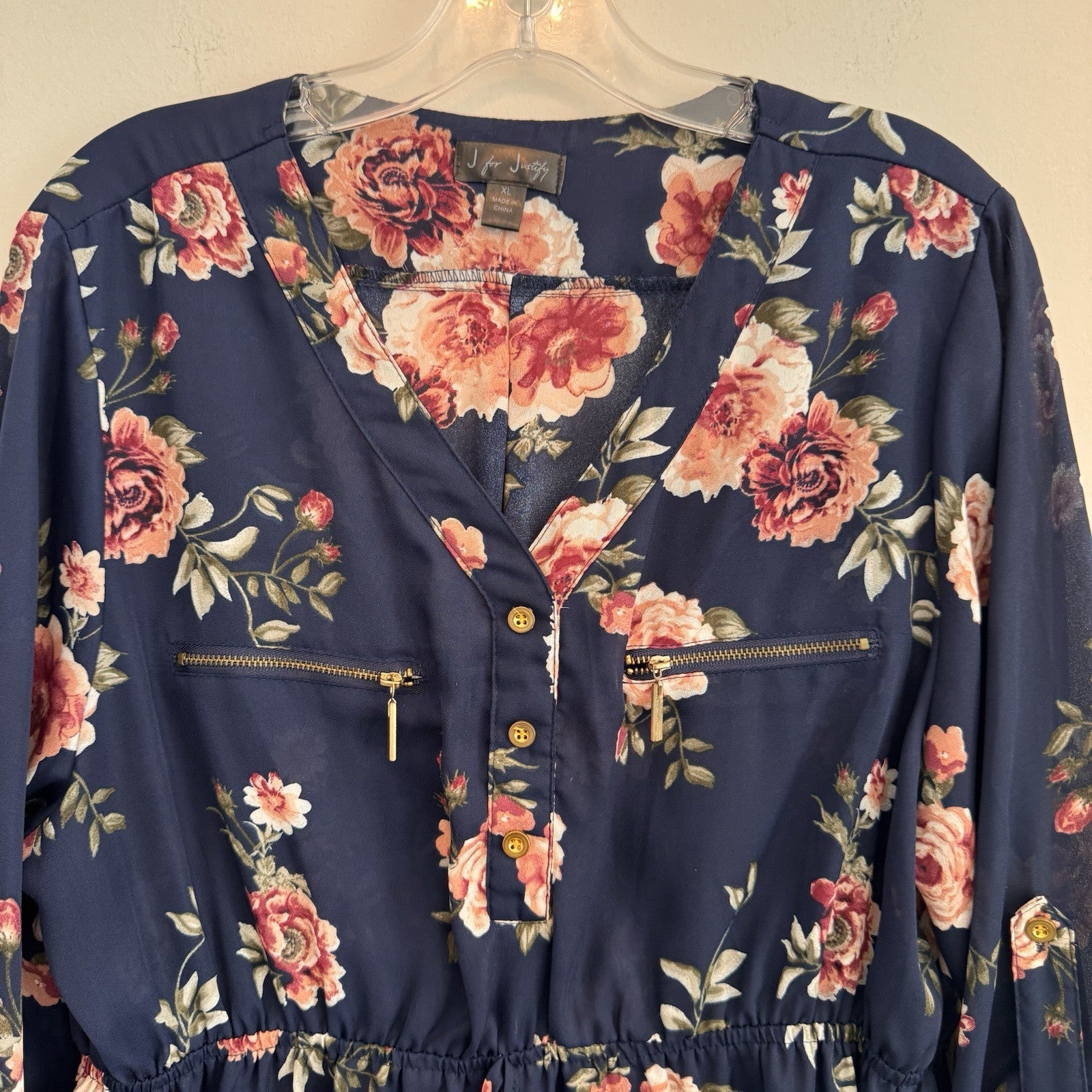 J for Justify Navy Floral Peplum Tunic Blouse Roll Tab Sleeve XL