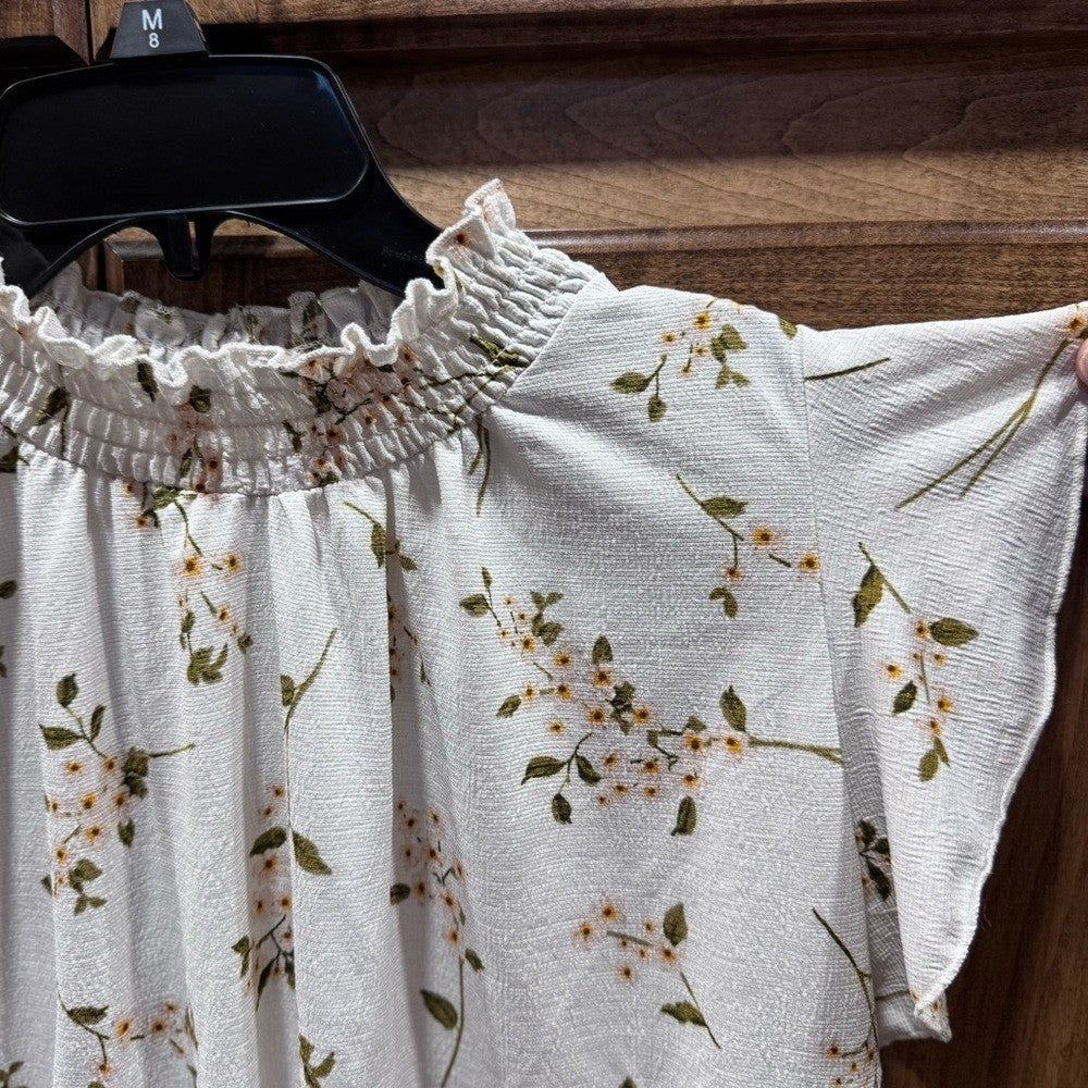 Melloday Floral High Neck Smocked Flutter Sleeve Floral Top Large