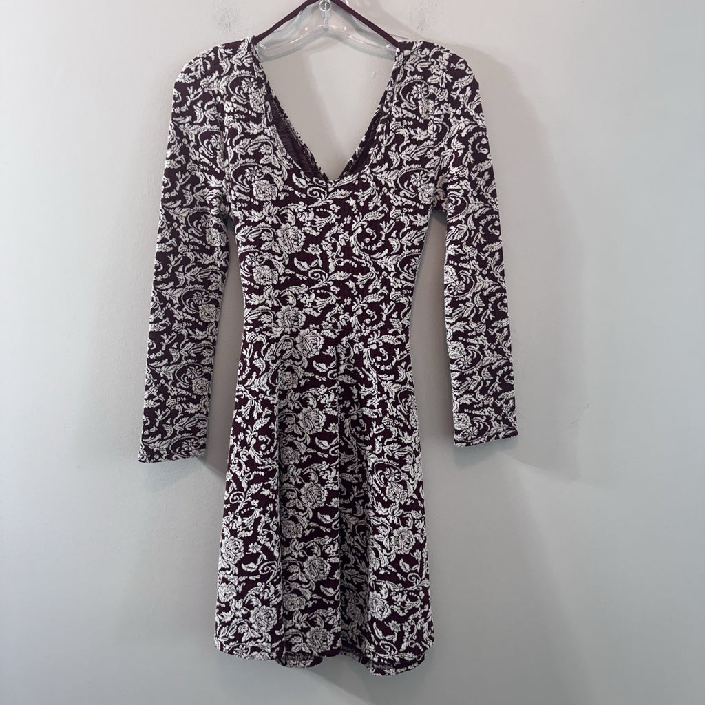 Altar’d State Burgundy Floral Cutout Back Dress Long Sleeve Small