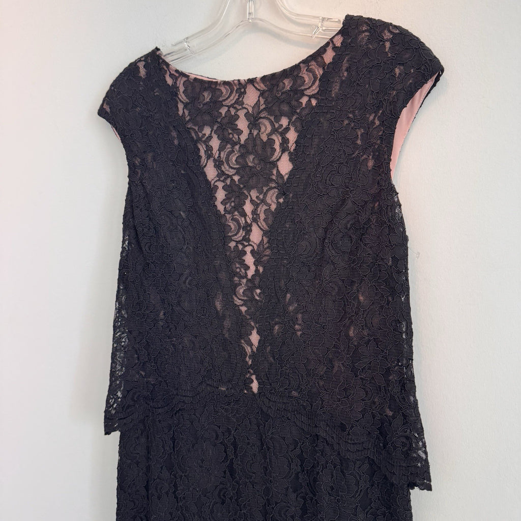 Lauren Ralph Lauren Black Lace Pink Lined Sheath Dress Size 12 Cap Sleeve Womens