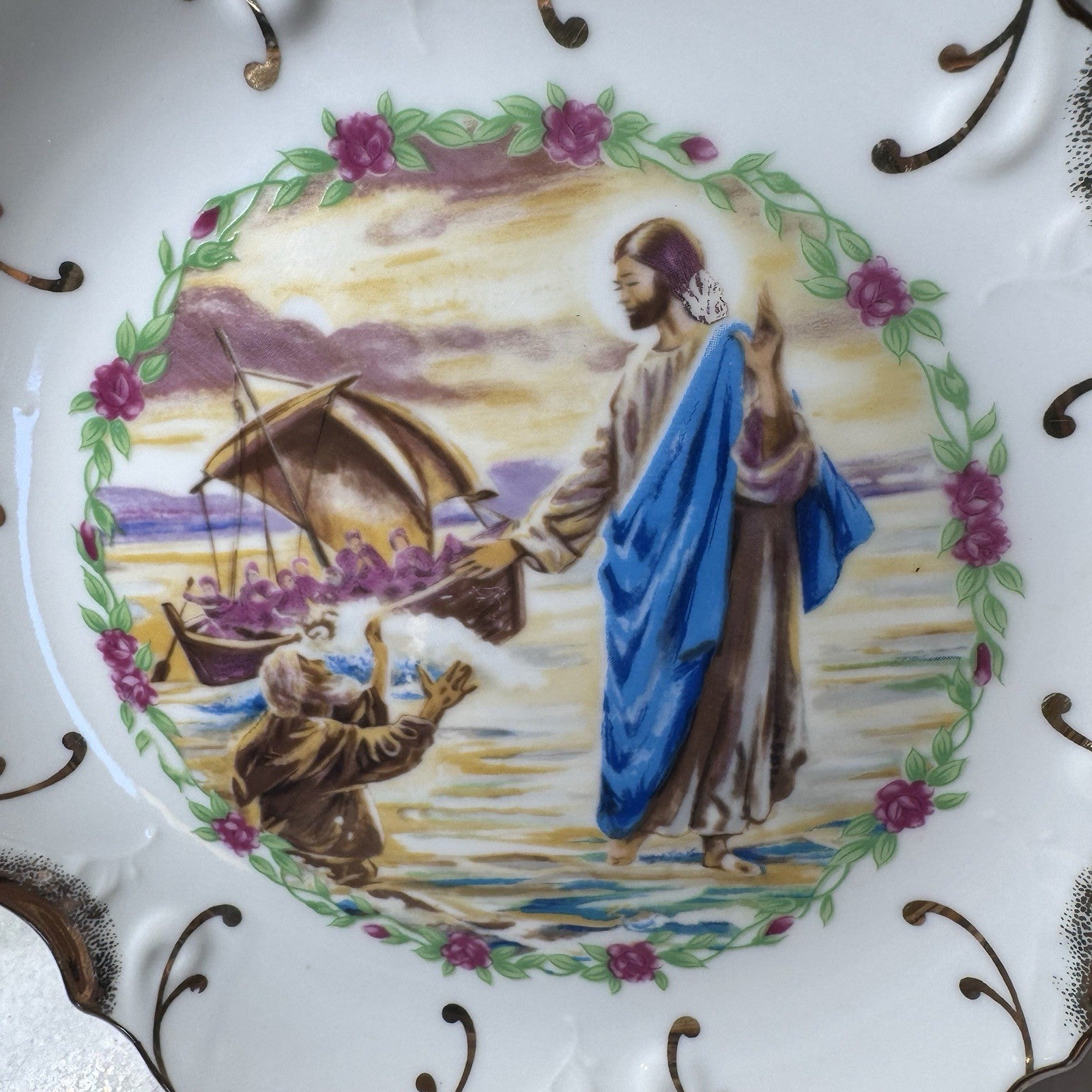 Vintage Jesus Walking on Water Decorative Plate 22K Gold Trim Japan
