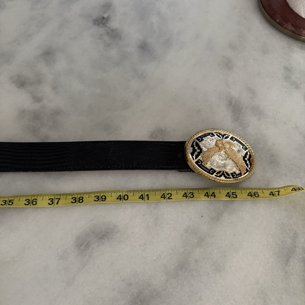 Vintage Eagle Western Belt Buckle Black Leather Belt Size 42 USA