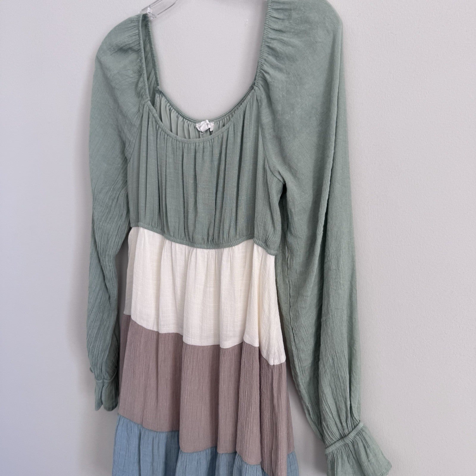 Blu Pepper Colorblock Tiered Mini Dress Large Long Sleeve Boho