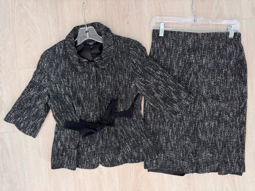 Talbots Petites Tweed Skirt Suit Set 2P 4P Black White Textured Bow Jacket
