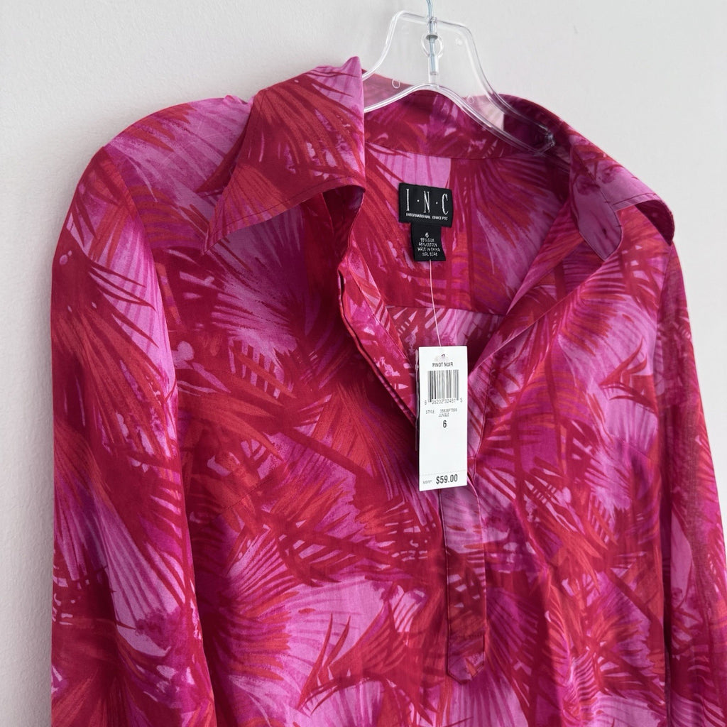 INC Jungle Print Blouse Size 6 Pink Sheer Button Front NWT