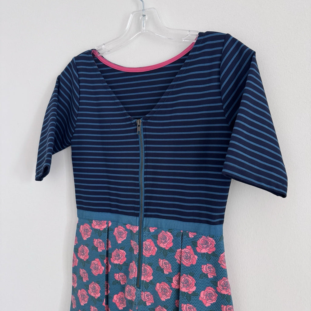 Matilda Jane Small Dress Blue Pink Floral Striped Modest Fit & Flare Pockets