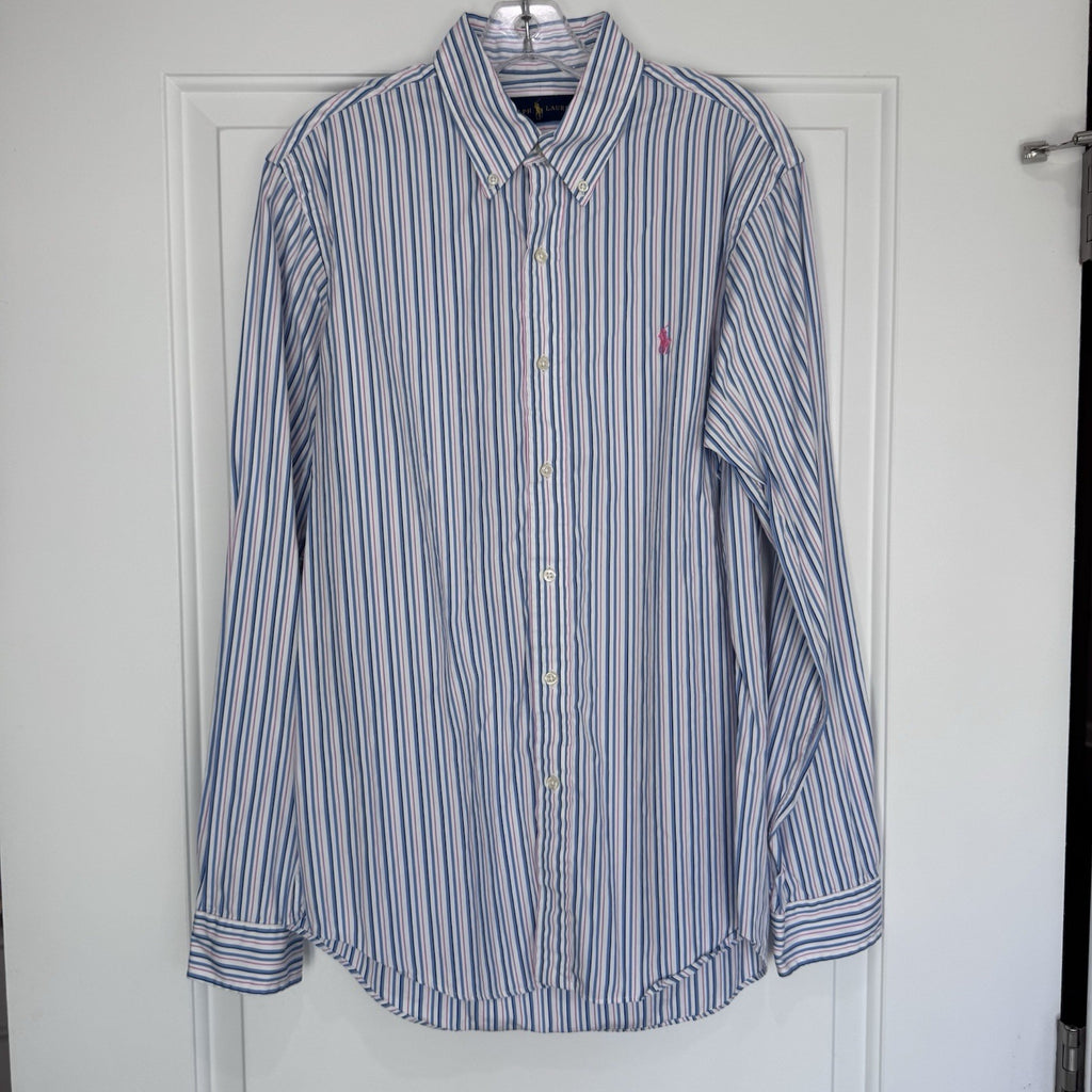 Ralph Lauren Men’s Blue Pink Striped Button Down Shirt Size M Cotton Pony Logo