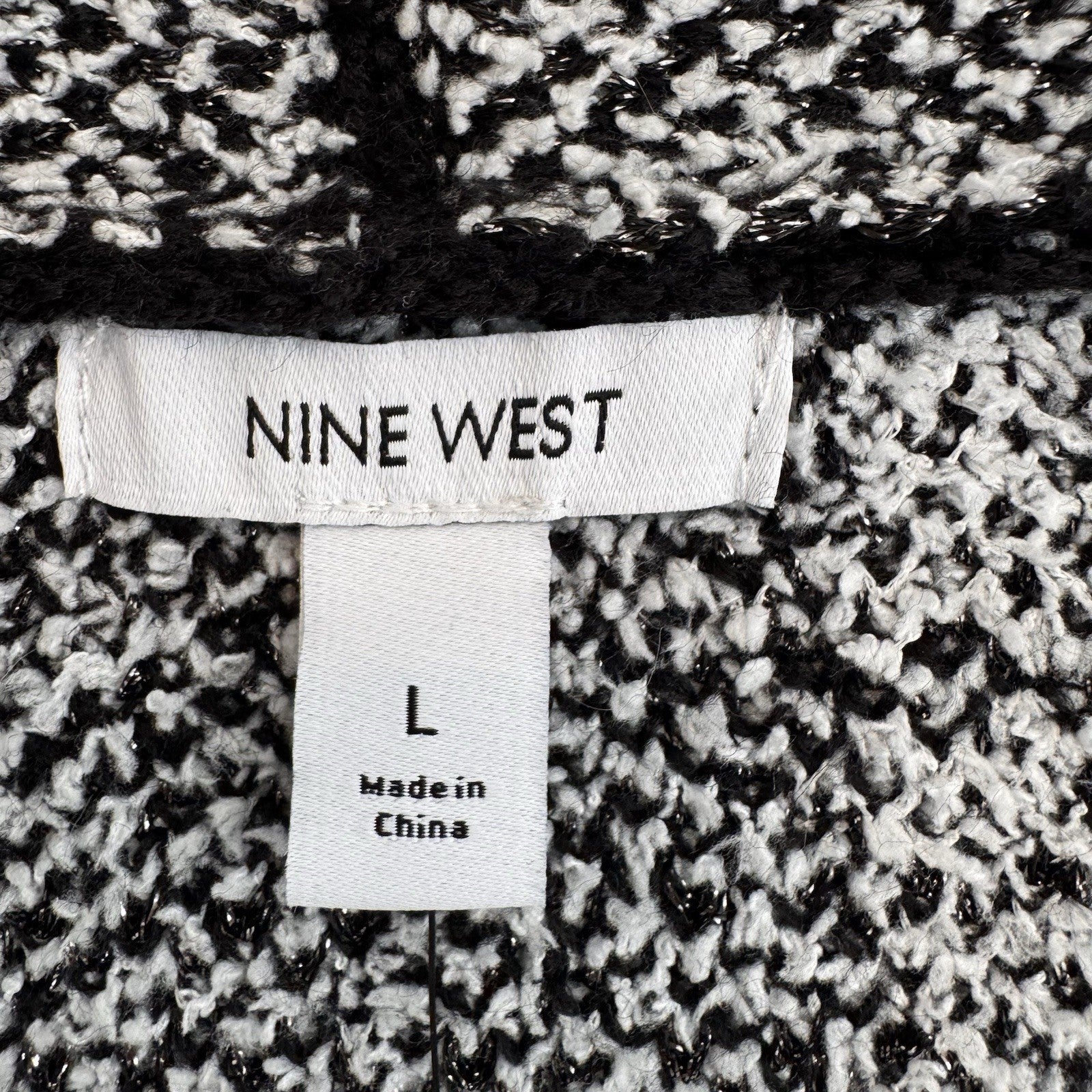 NWT Nine West Women's Large Black White Plaid Cardigan Metallic Knit AS-IS
