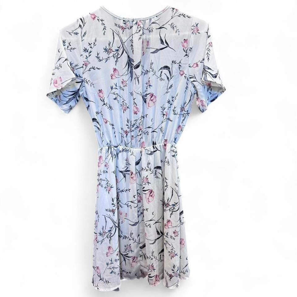 Sienna Sky Wrap Floral Dress White Pink Blue XS Short Sleeve Elastic Waist