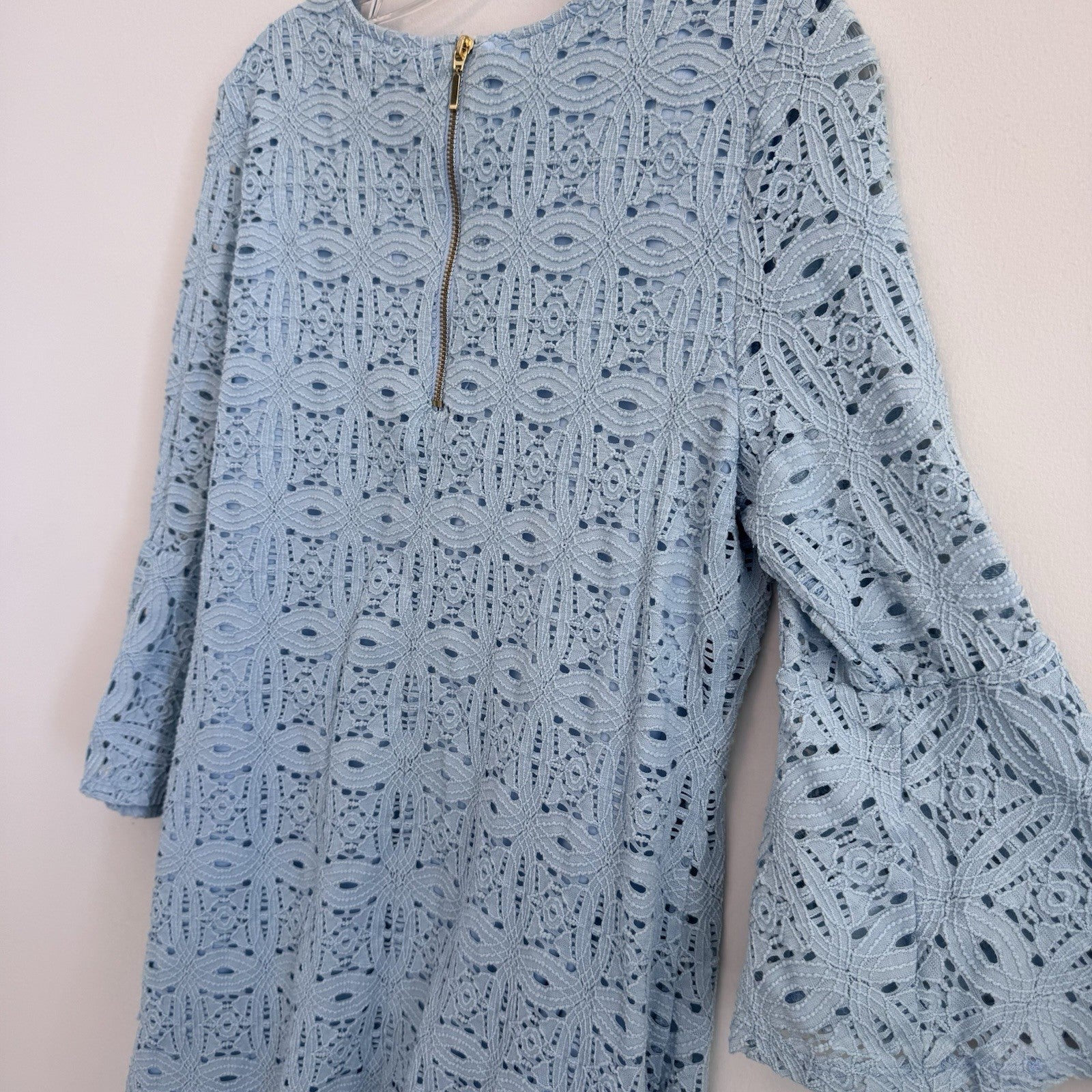 RN Studio Blue Lace Shift Dress Women’s Size 14 Bell Sleeve Lined Zip Back