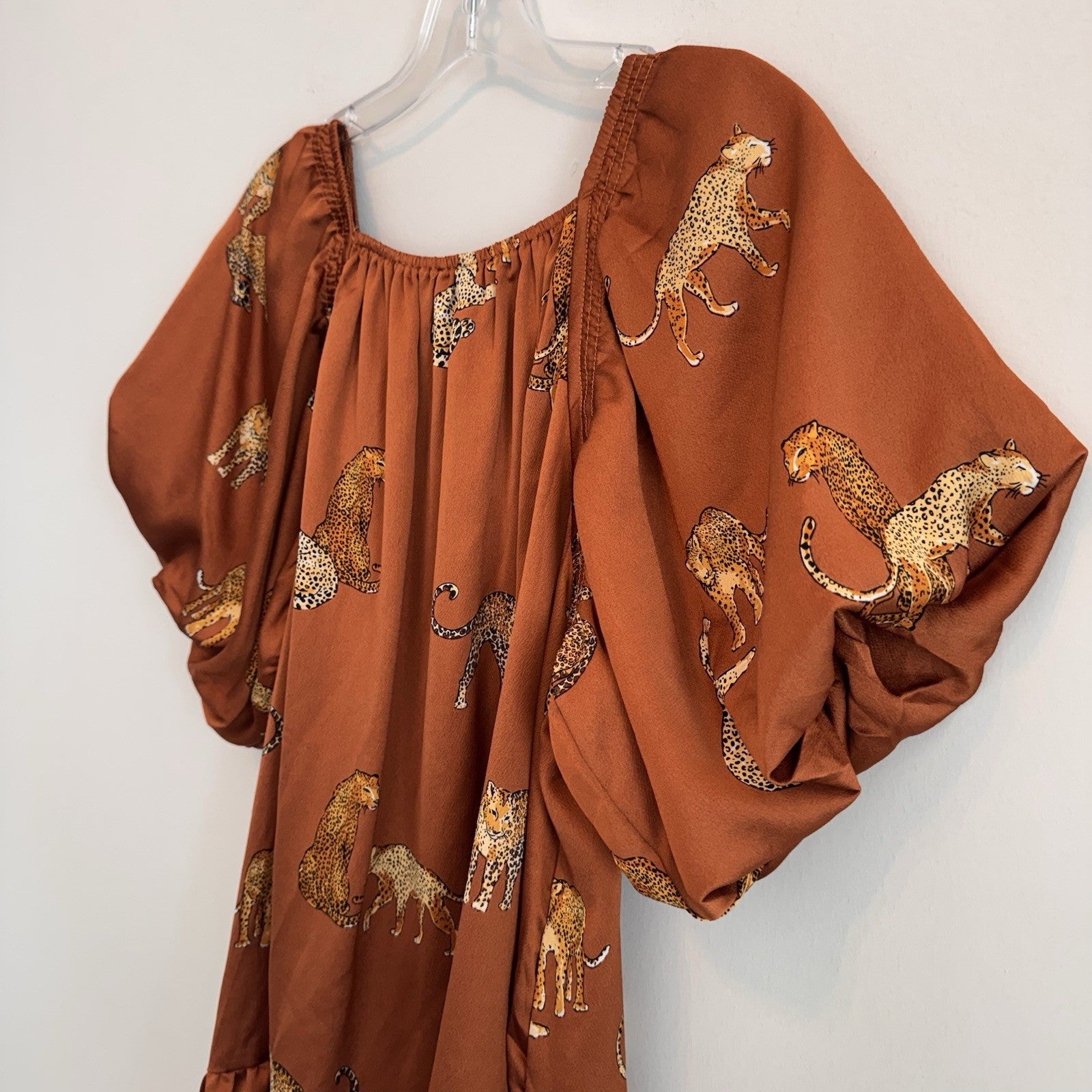 Entro Leopard Print Puff Sleeve Mini Dress Women’s Small Boho Tiered Boutique