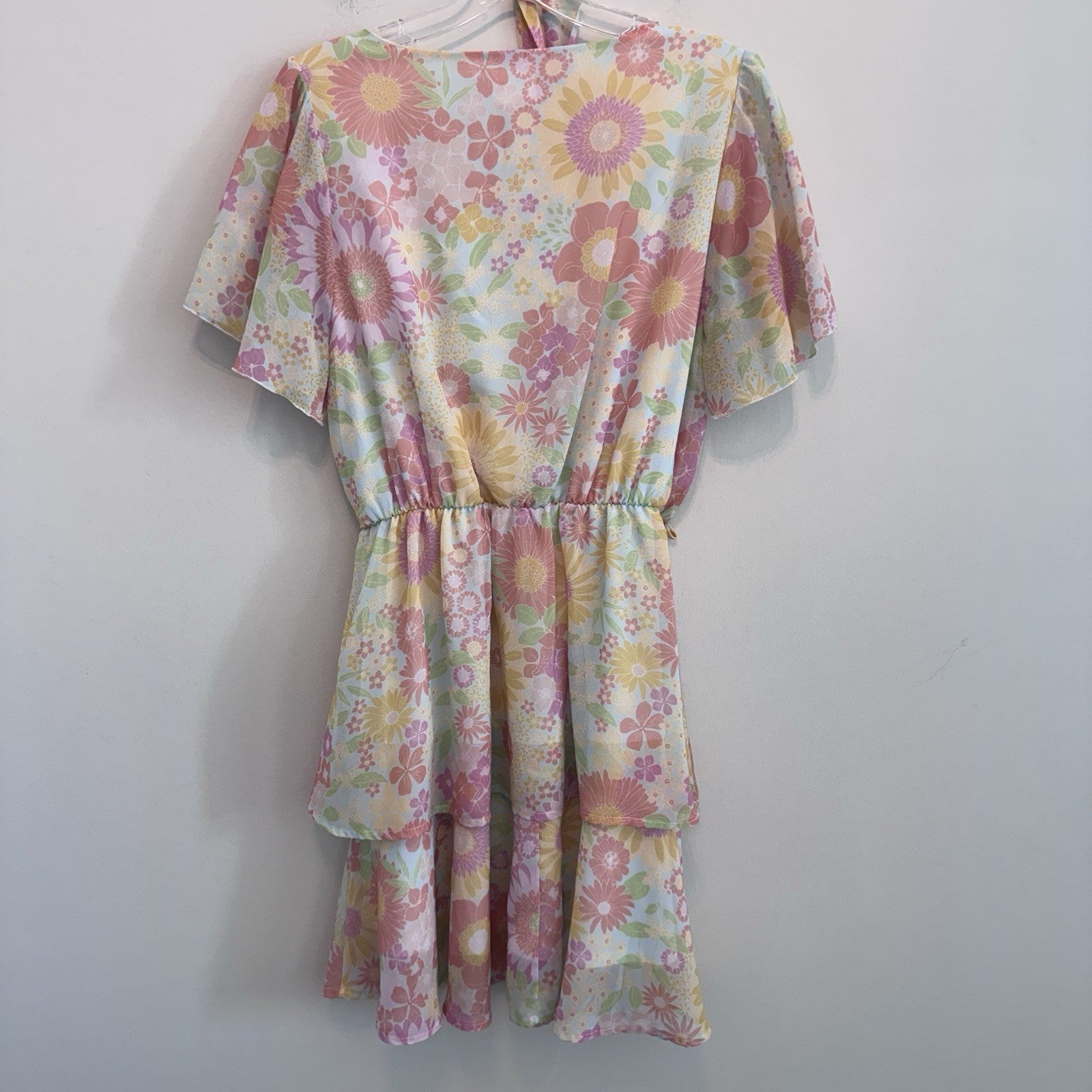 Peach Love Floral Dress Womens M Boho Cottagecore Belted Pastel