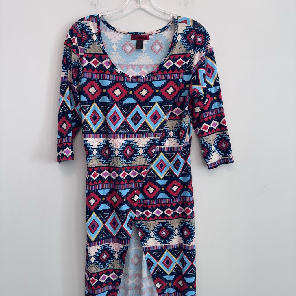 Hot Kiss Maxi Dress Large Boho Aztec Tribal Print Side Slit 3/4 Sleeve