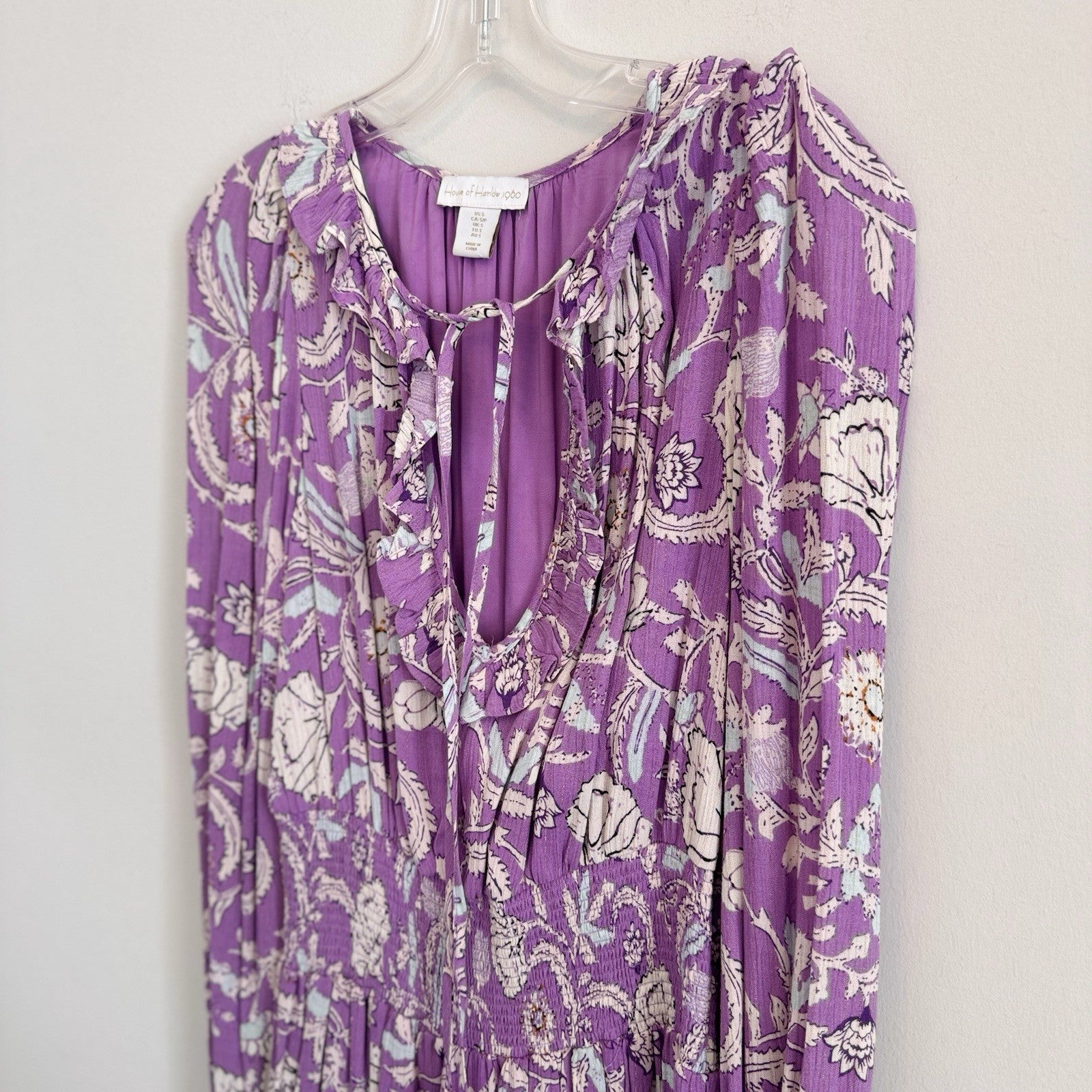 House of Harlow 1960 Paisley Pink Purple Smocked Boho Tiered Short Dress Size S