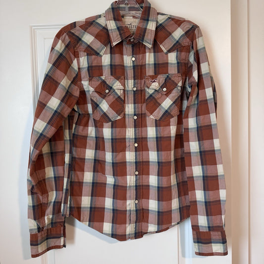 Hollister Men’s Western Plaid Shirt Small Snap Button Pearl Red Navy Cotton