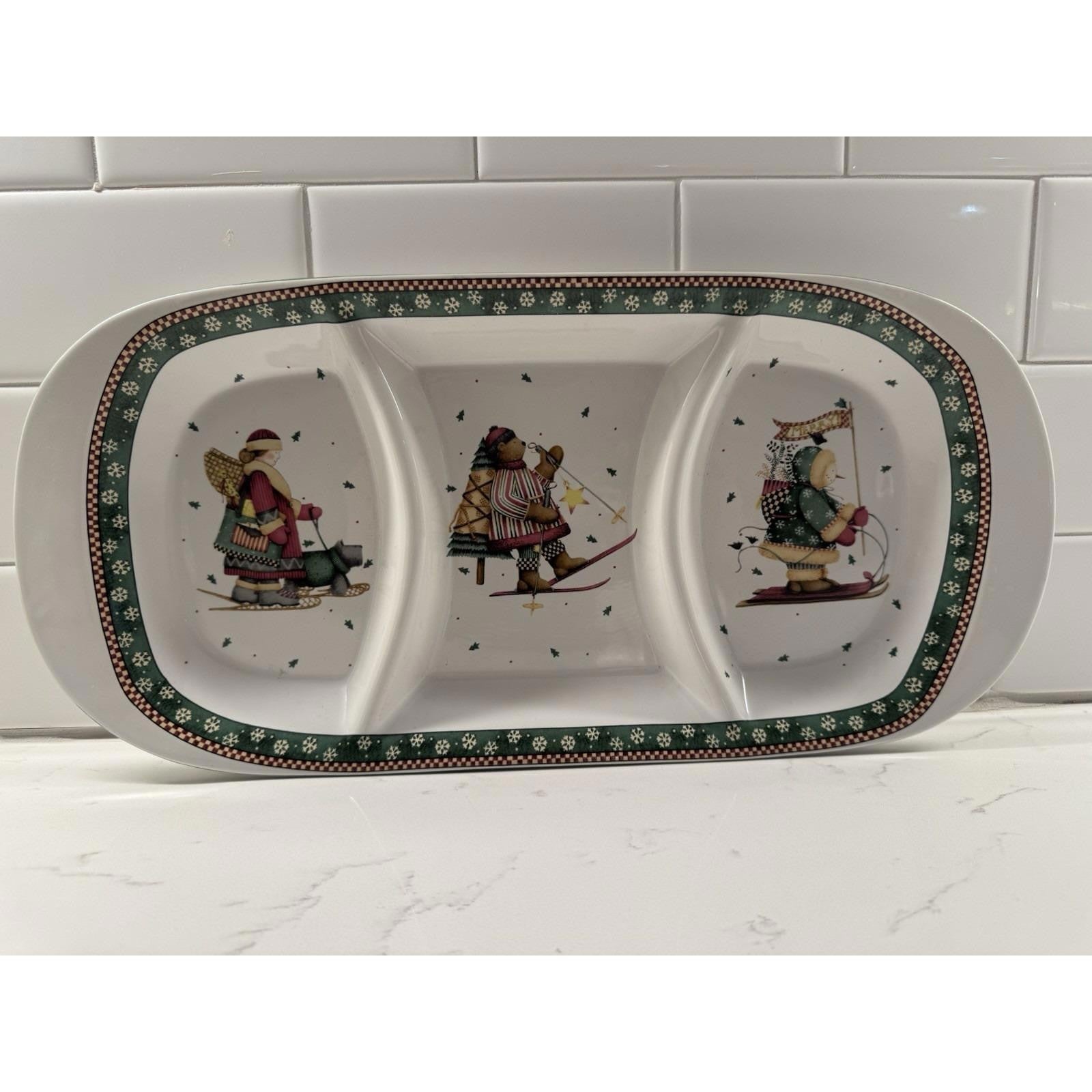 Sakura Debbie Mumm "Sledding Characters" Divided 3 Section Dish EUC