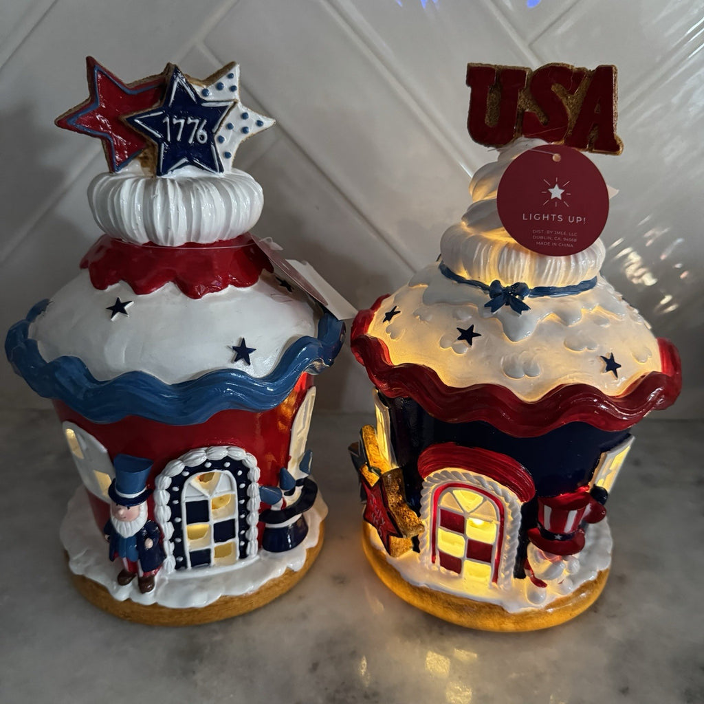 Set of 2 Patriotic Light Up Cupcake Houses USA 1776 July 4th Decor