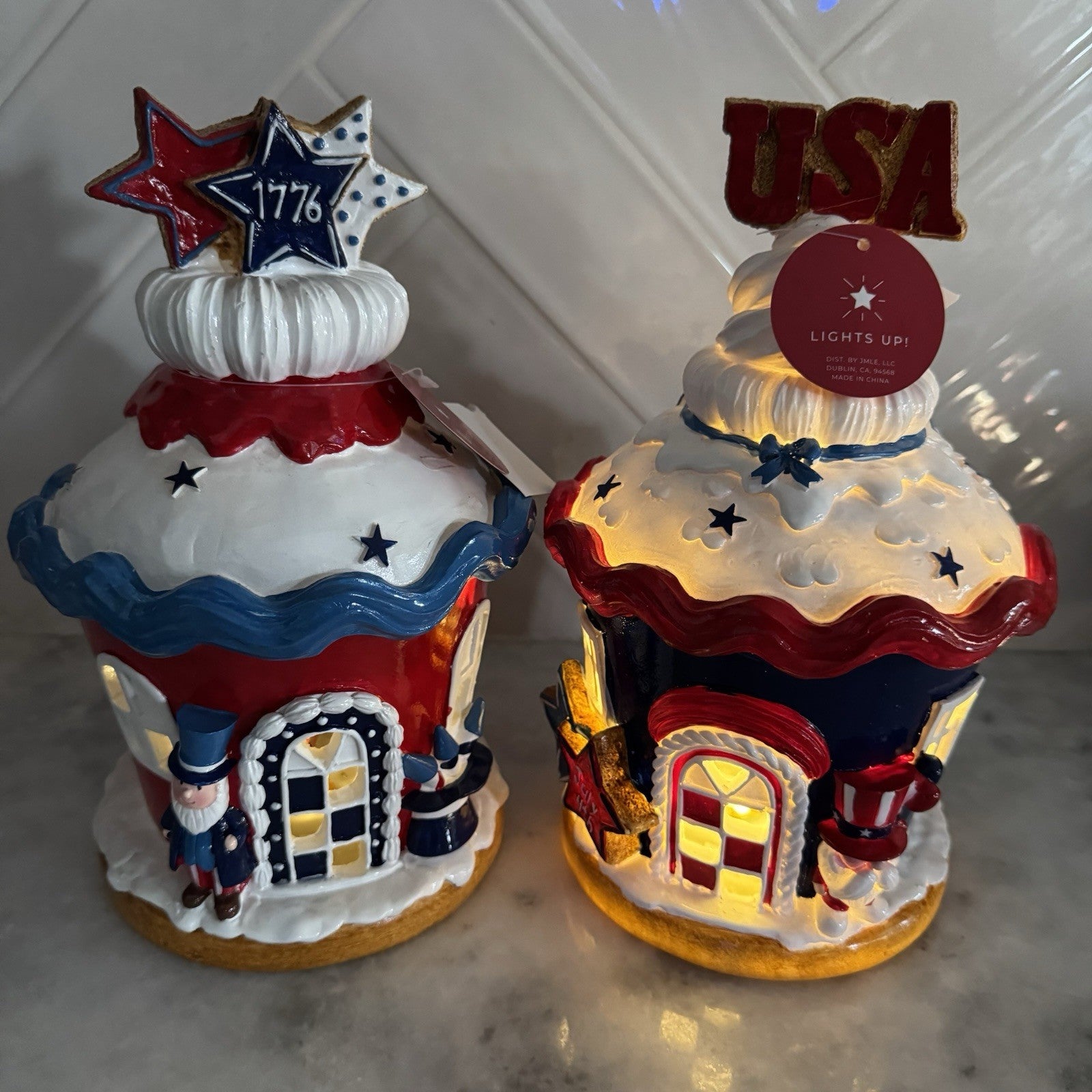 Set of 2 Patriotic Light Up Cupcake Houses USA 1776 July 4th Decor
