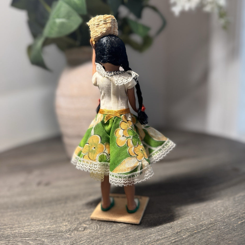 Vintage Venezuela Folk Art Doll Hand Painted 9" Souvenir Basket Wooden Base