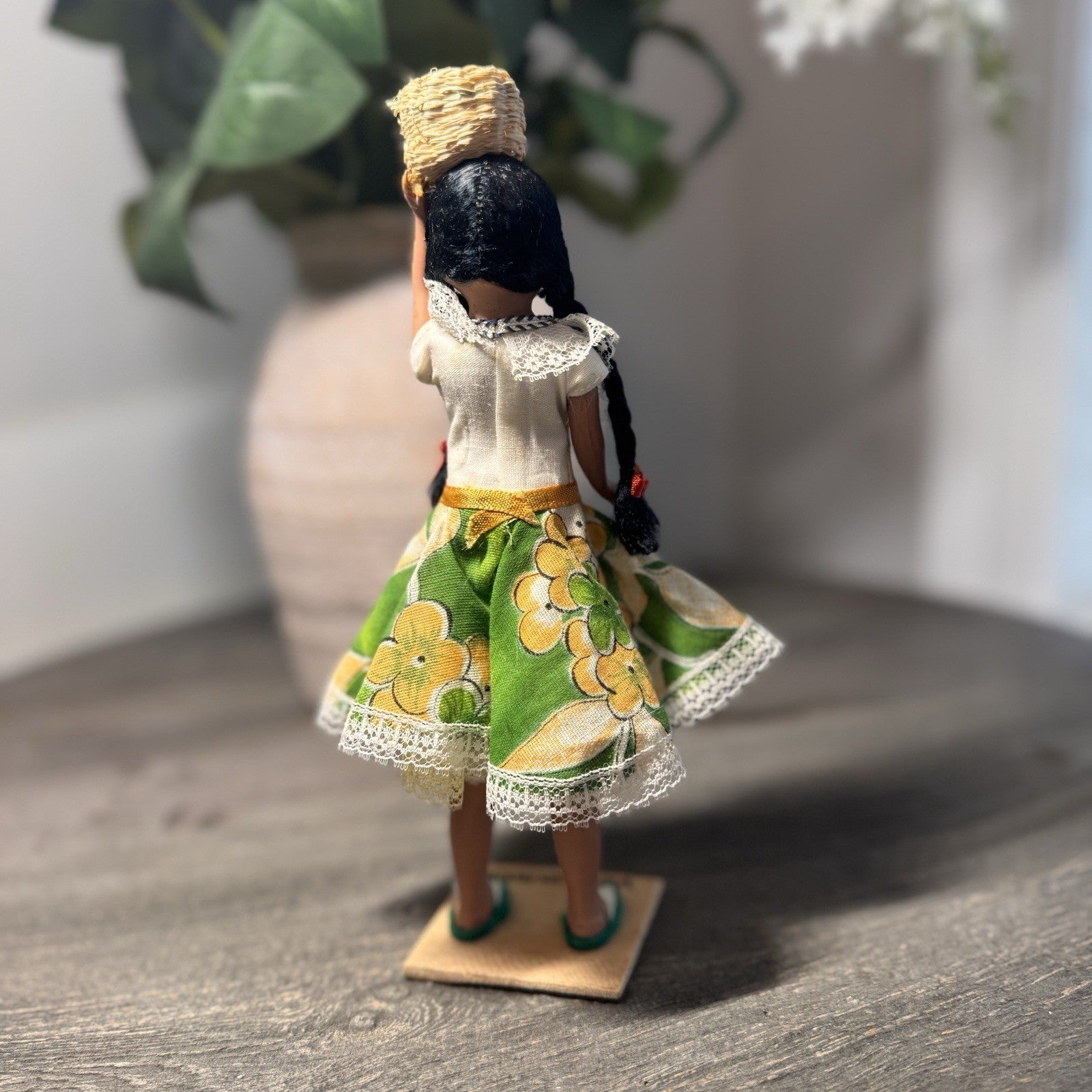 Vintage Venezuela Folk Art Doll Hand Painted 9" Souvenir Basket Wooden Base