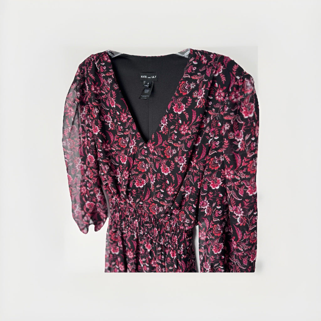 Kate and Lily Floral Midi Dress – Women’s Size 4 – Black & Pink – Long Sleeve