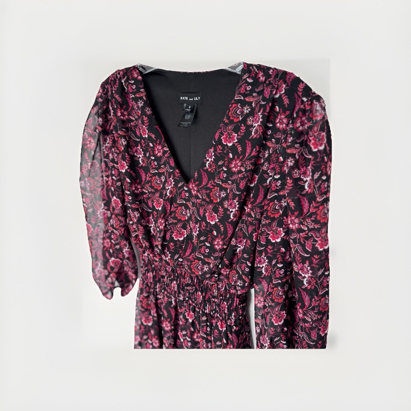 Kate and Lily Floral Midi Dress – Women’s Size 4 – Black & Pink – Long Sleeve