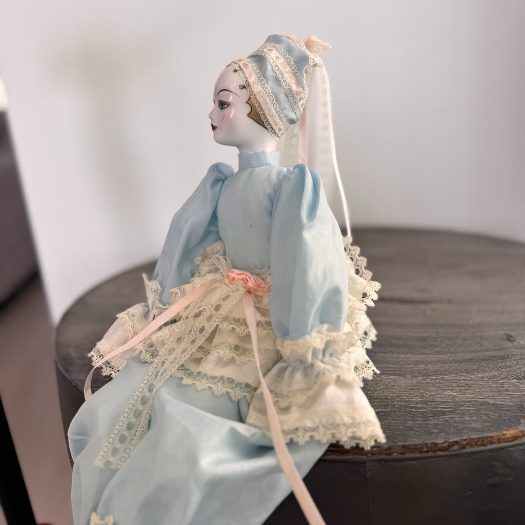 Vintage Porcelain Pierrot Doll Seated Blue Satin Lace French Harlequin 18" Shelf