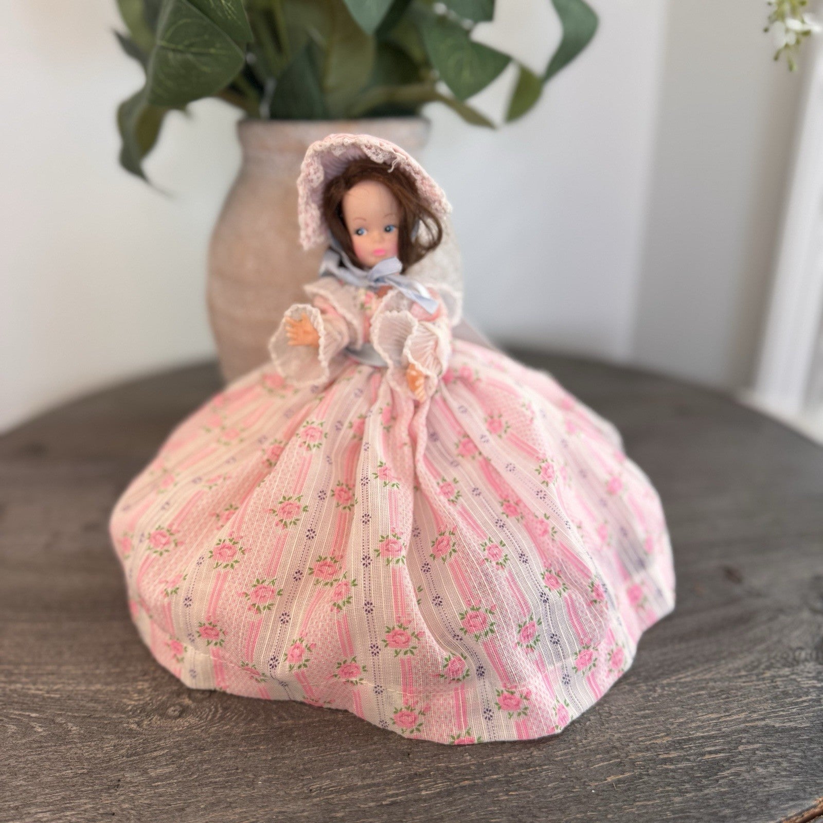 Vintage Southern Belle Souvenir Doll 8.5" Pink Rose Floral Gown Lace Bonnet 1950