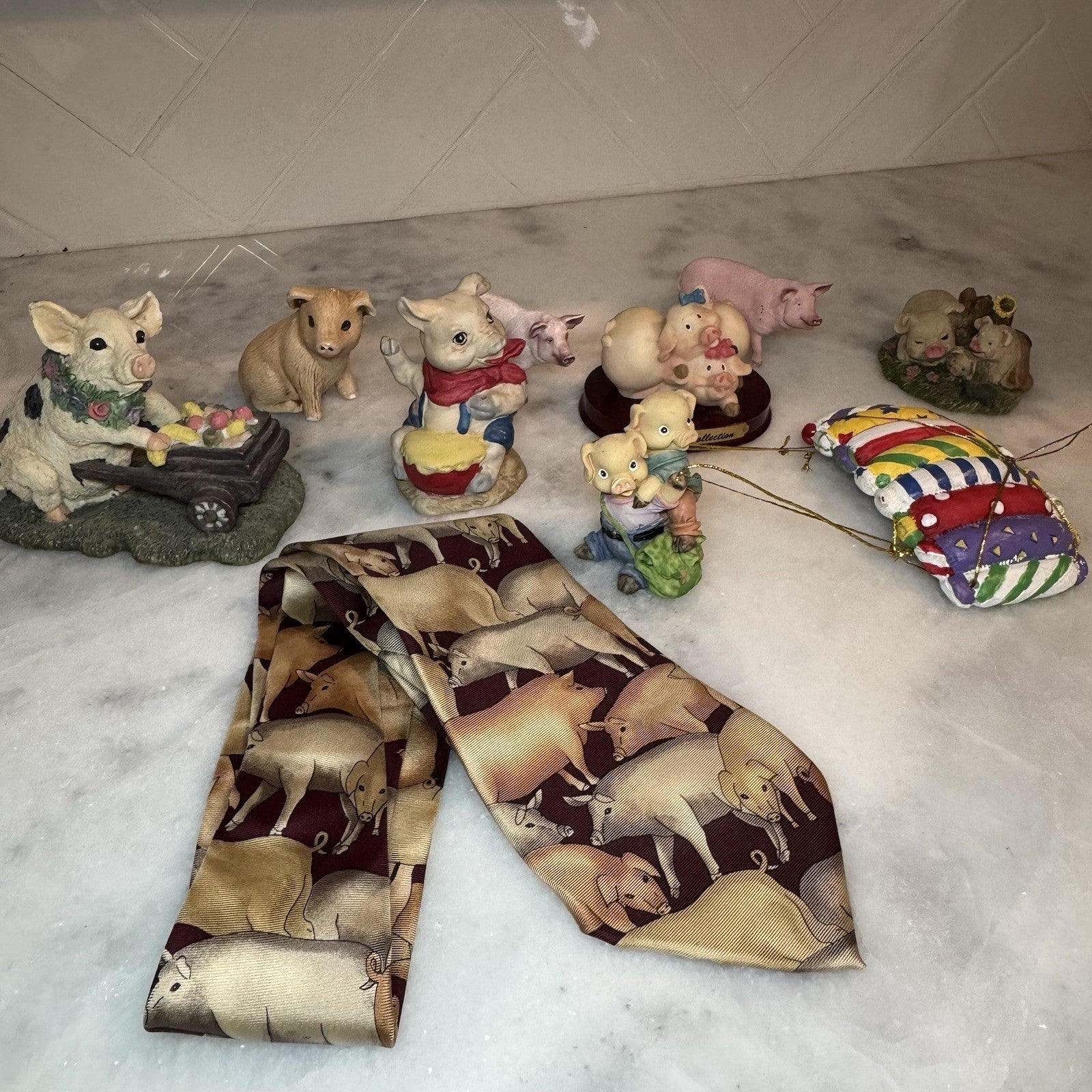 Vintage Pig Figurine Lot Tie Ornaments Farmhouse Decor Collectibles