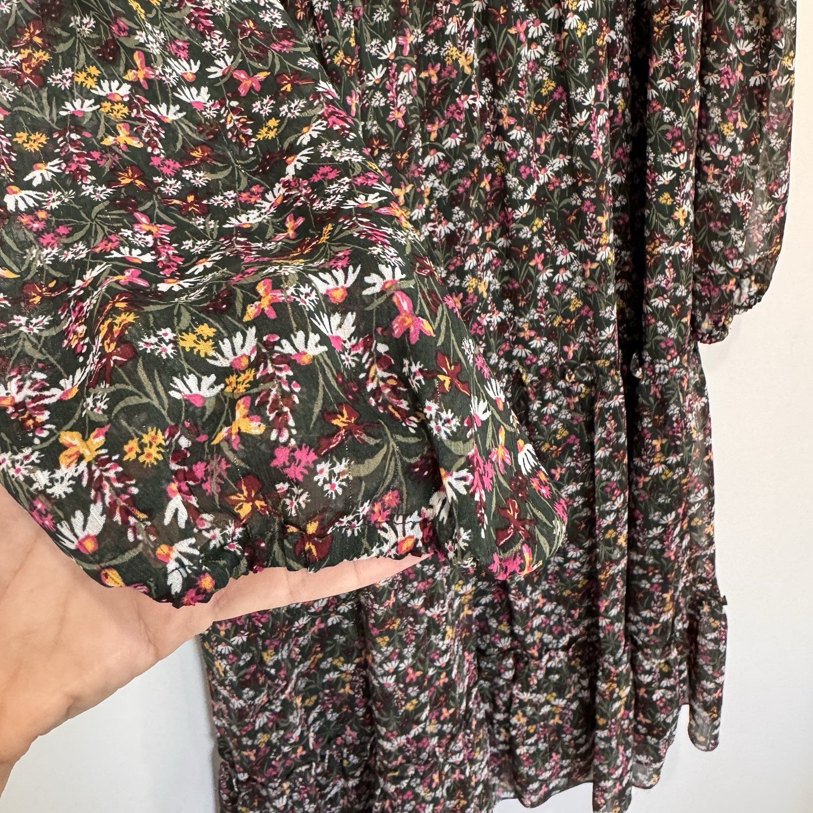 Draper James RSVP XL Dress Floral Smocked Metallic Tiered Long Sleeve Chiffon