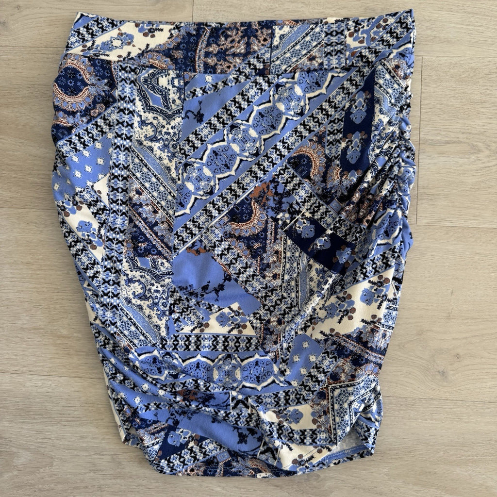 Free People Blue Patchwork Ruched Skirt Womens Medium Boho She’s Something Else