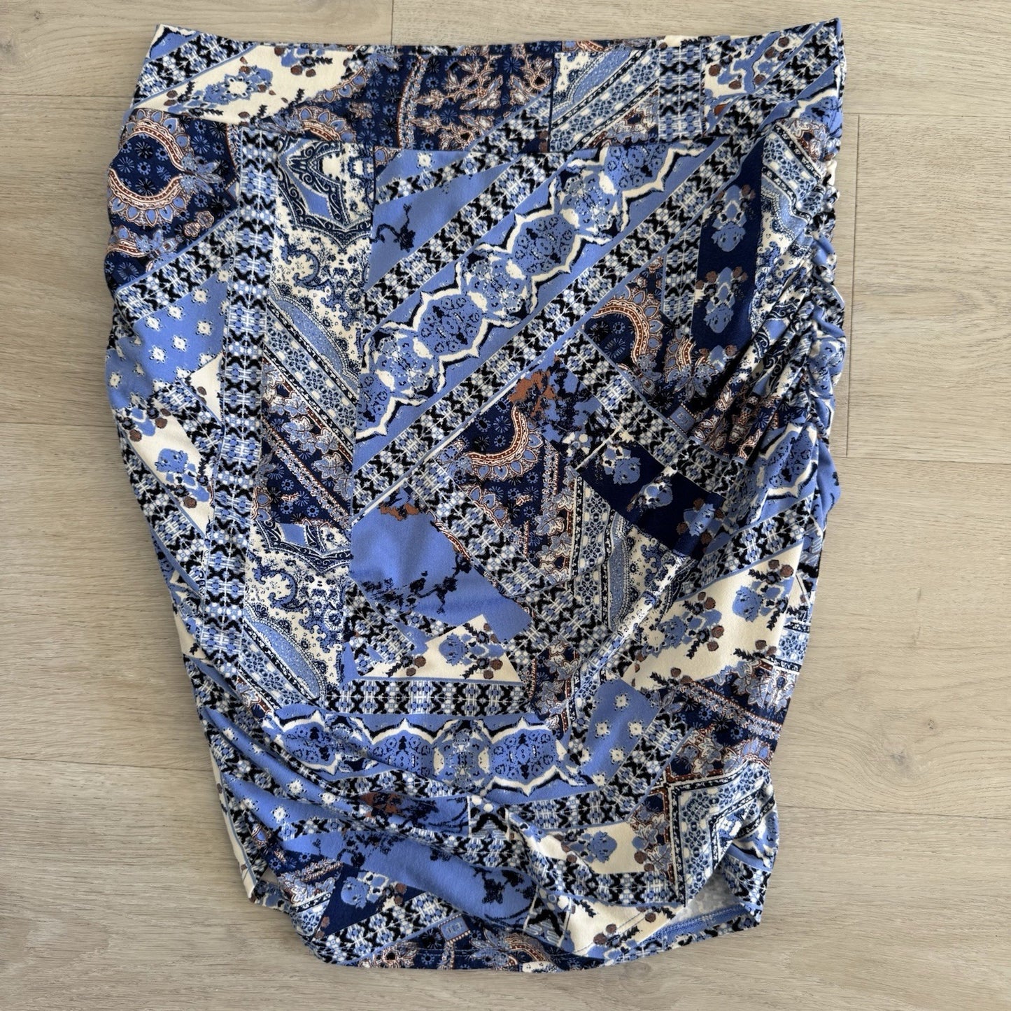 Free People Blue Patchwork Ruched Skirt Womens Medium Boho She’s Something Else