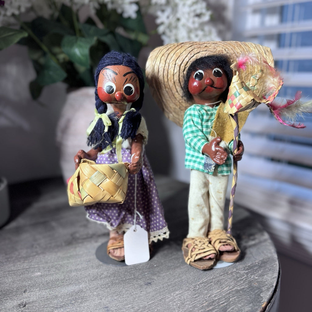 VTG Mexican Folk Art Cloth Dolls Pair Hand Painted Man Woman Handmade Straw Hat