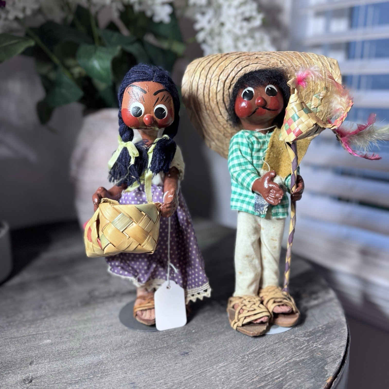VTG Mexican Folk Art Cloth Dolls Pair Hand Painted Man Woman Handmade Straw Hat